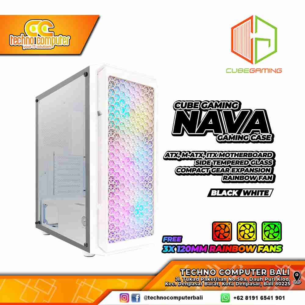 CASING CUBE GAMING NAVA White - Mid Tower ATX Case Tempered Glass (Free 3x RGB Fan)