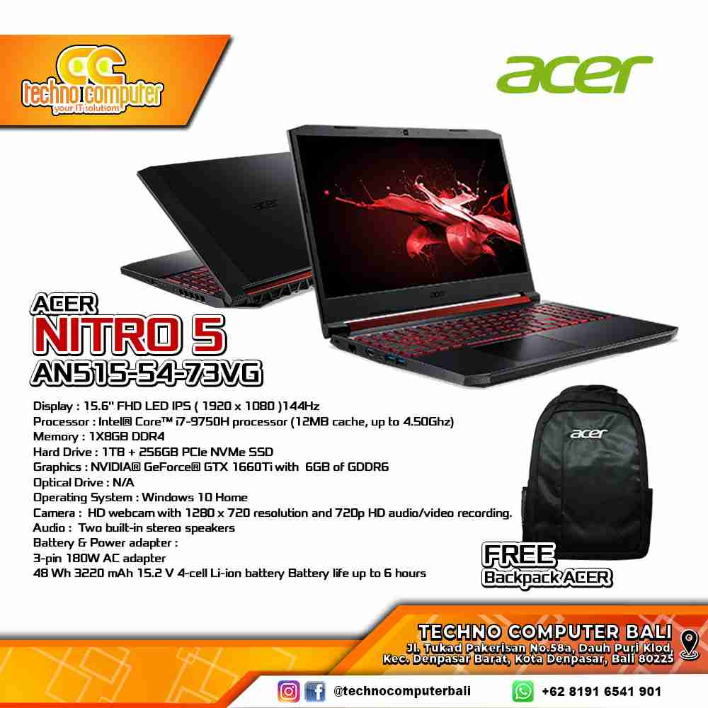 ACER NITRO 5 AN515-54-73VG - 144Hz i7-9750H GTX1660Ti 8GB 256GB+1TB
