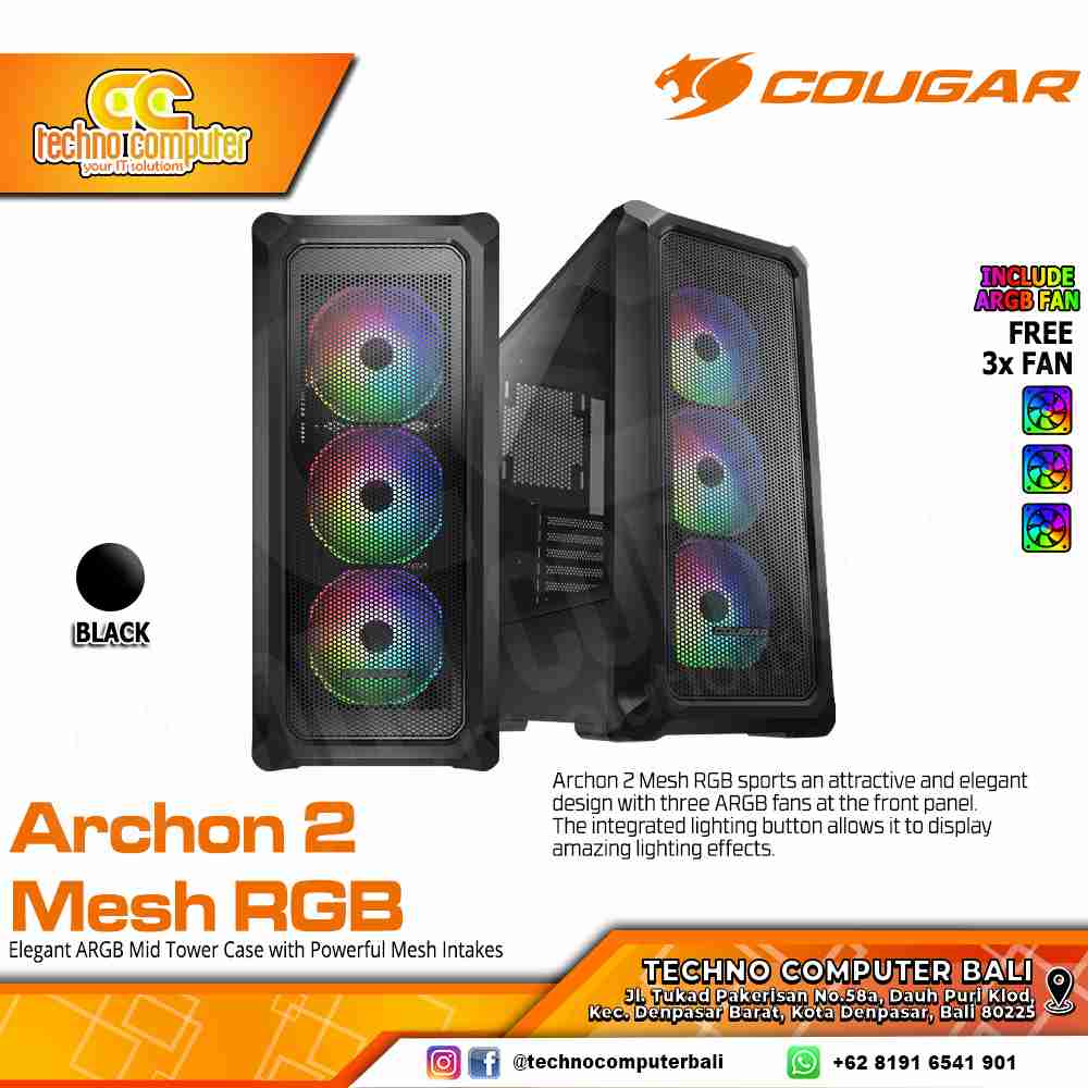 CASING COUGAR ARCHON 2 MESH RGB Black - Mid Tower ATX Case Tempered Glass (Free 3x ARGB Fan)