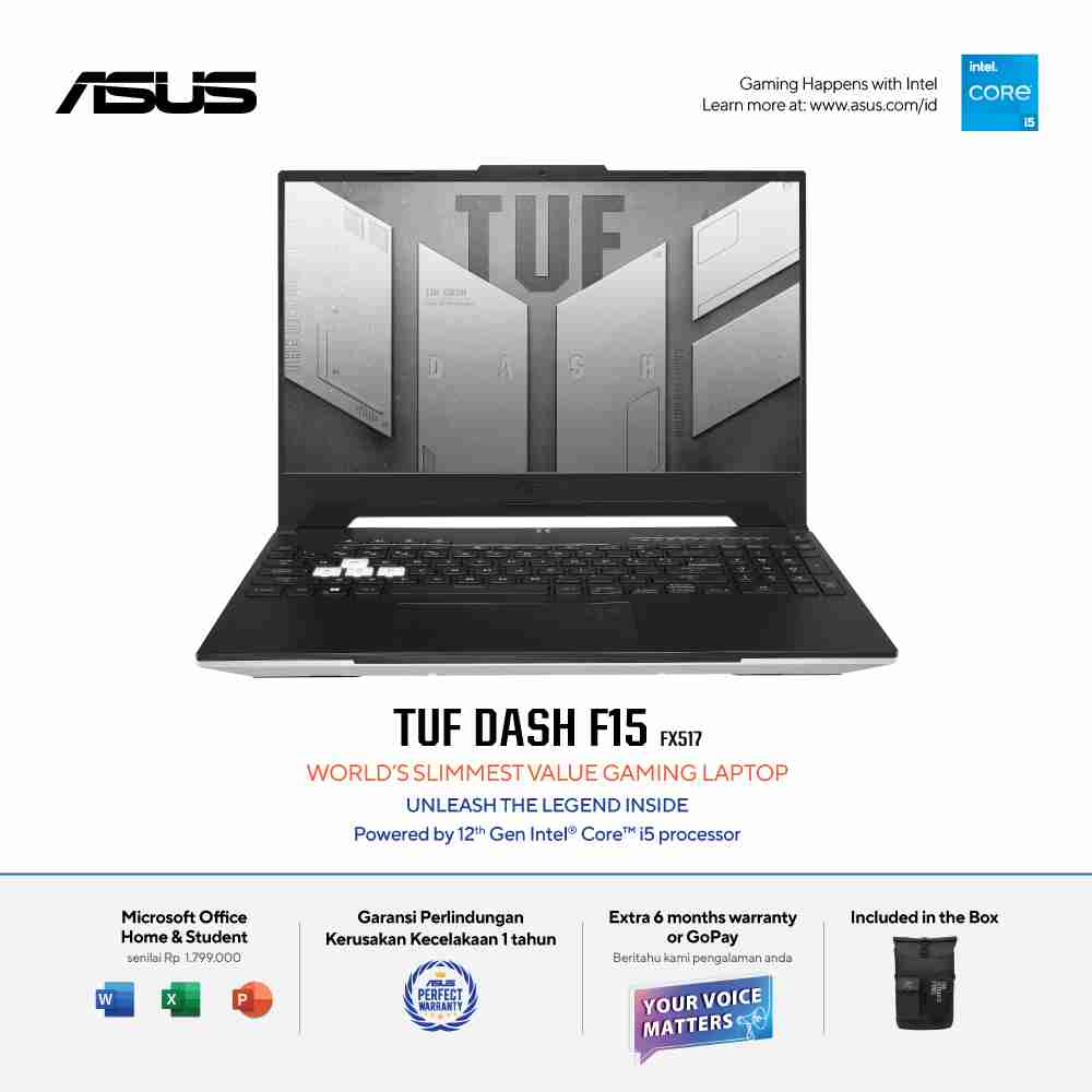 ASUS TUF Dash F15 [FX517ZC-I535B6W-O] Core i5-12450H/RAM 8GB/SSD 512GB/RTX 3050/Win11