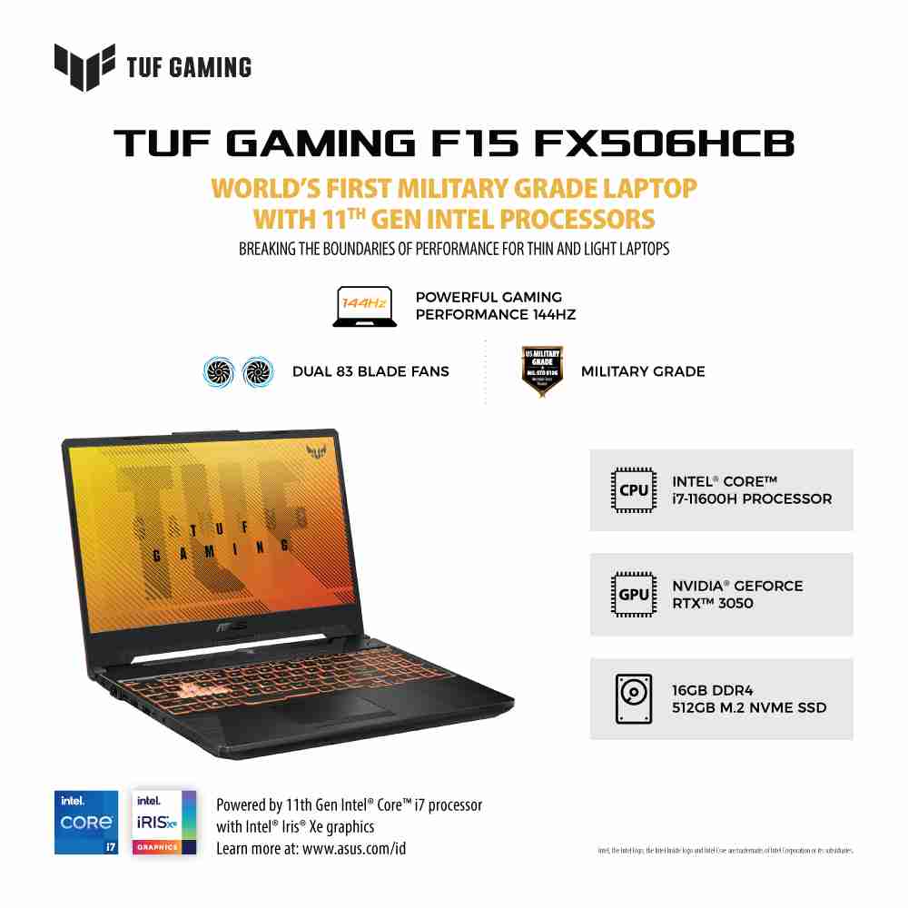 ASUS TUF Gaming F15 [FX506HCB-I735B8T-O11] Core i7-11600H/RAM 16GB/SSD 512GB/RTX 3050/Win11