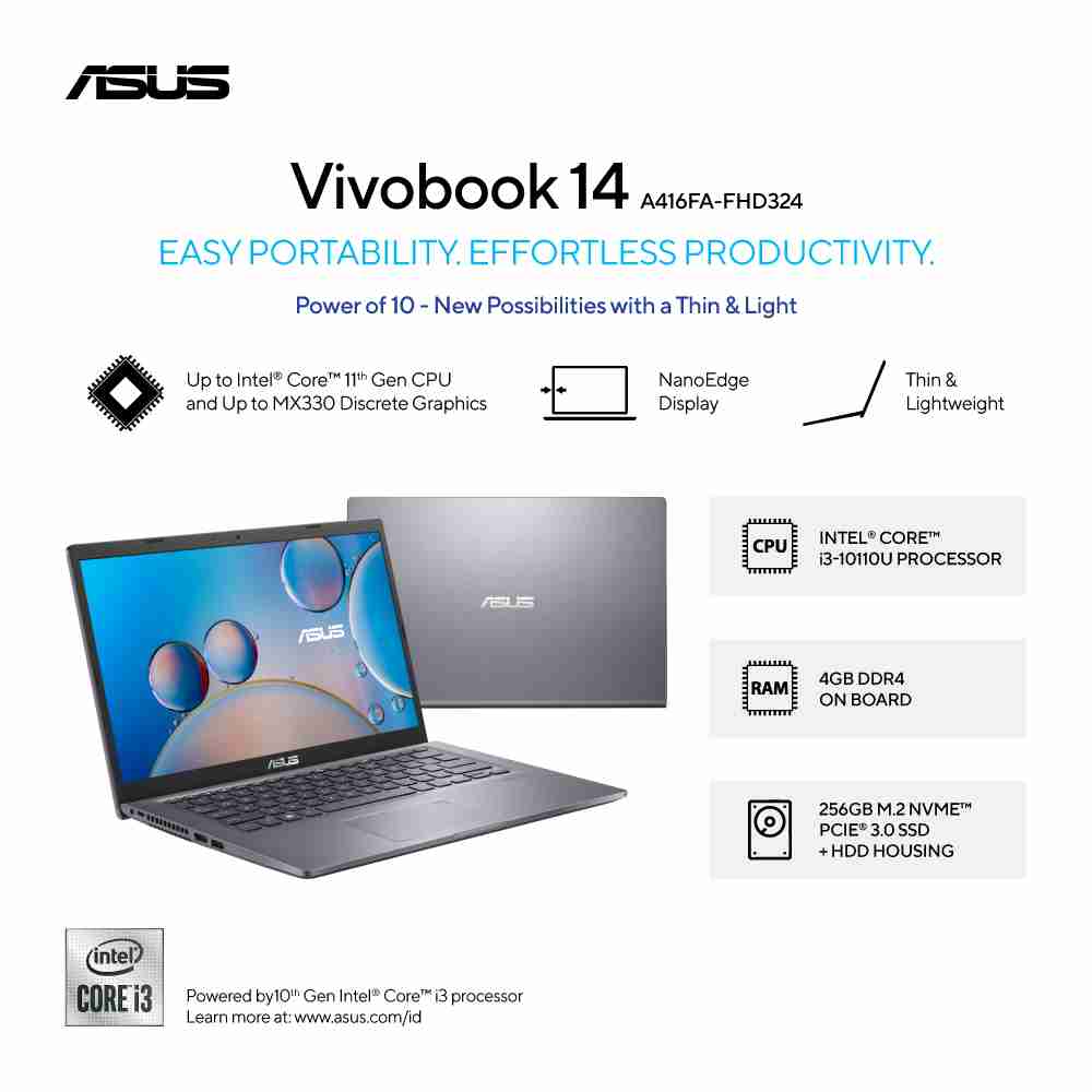 ASUS VivoBook 14 [A416FA-FHD324] Core i3-10110U/RAM 4GB/SSD 256GB/Intel HD 520/Win11