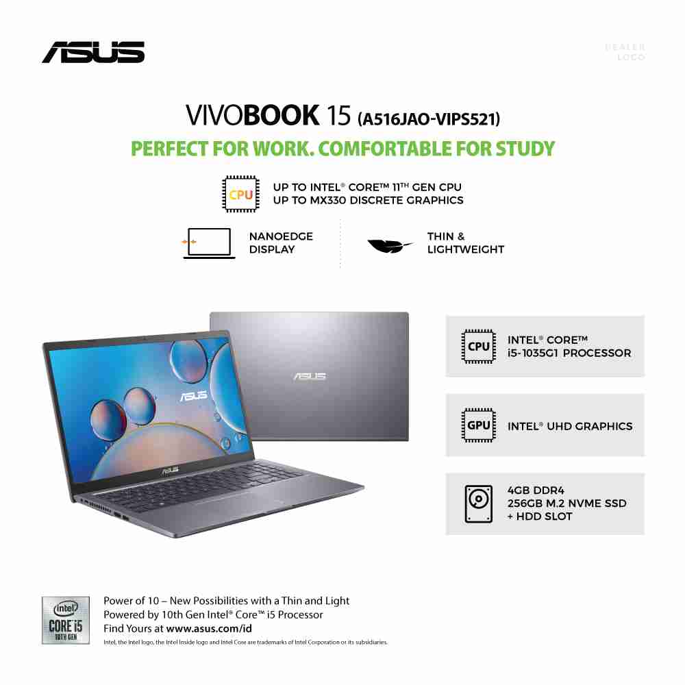 ASUS VivoBook 15 [A516JAO-VIPS521] Core i5-1035G1/RAM 4GB/SSD 256GB/Intel UHD/Win11