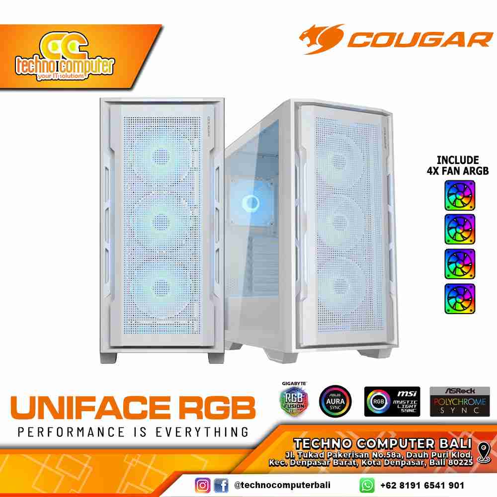 CASING COUGAR UNIFACE RGB White - Mid Tower E-ATX Case Tempered Glass (Free 3x ARGB Fan)